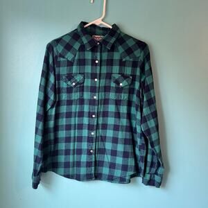 Wrangler Wrancher Shirt Womens Large Green Blue Plaid Western Pearl Snap Cowgirl